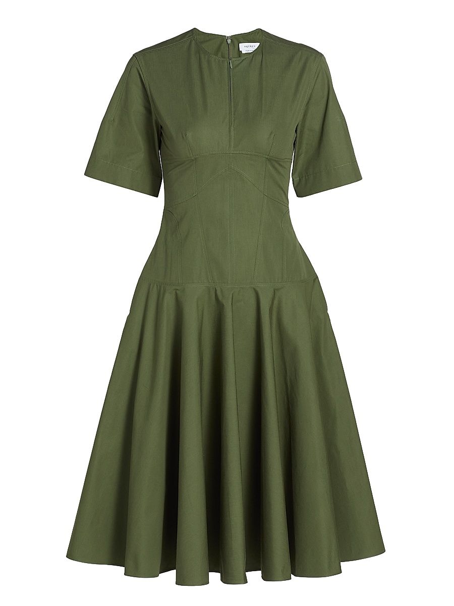 Women's Seamed Cotton Short-Sleeve Midi-Dress - Khaki - Size 8