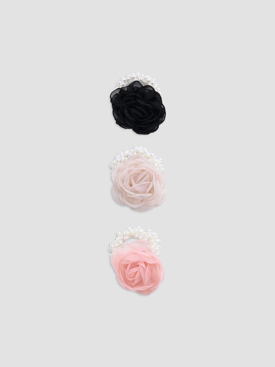 Mimi Tutu Girl's Girl's Pearl Petal Scrunchie Set - Black Beige Pink