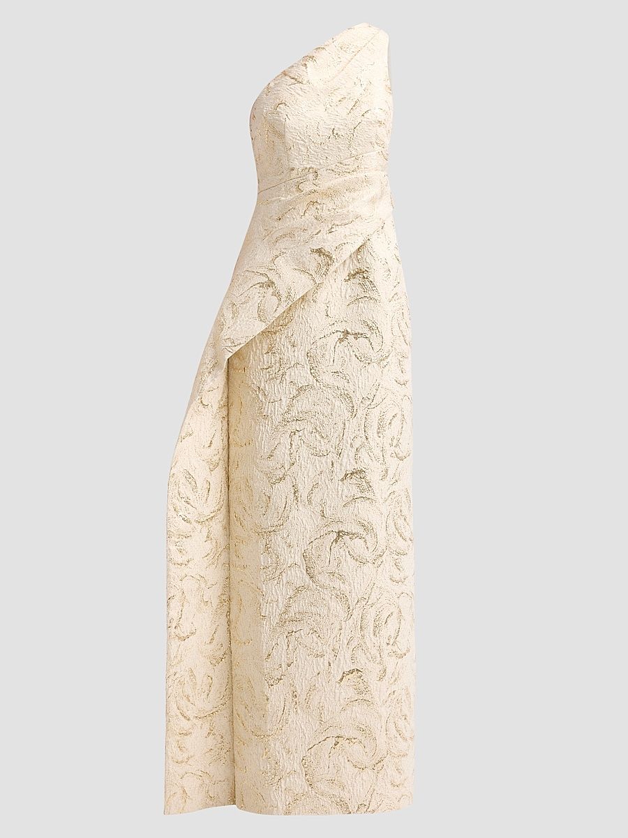 Women's Metallic Jacquard One-Shoulder Draped Asymmetric Peplum Gown - Champagne Multi - Size 18