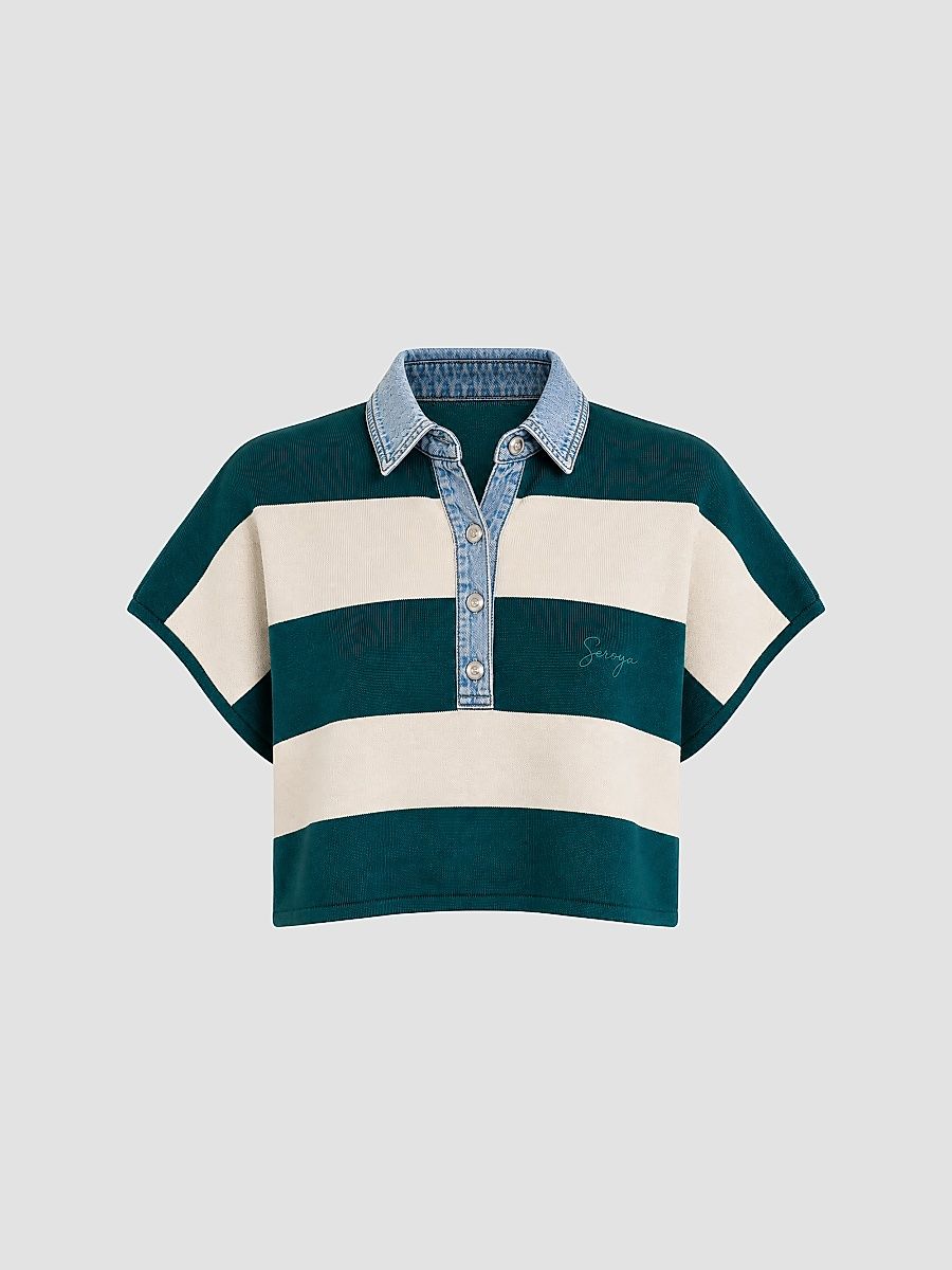 Women's Corsa Striped Denim-Trim Top - Ivy Green Rugby - Size XL