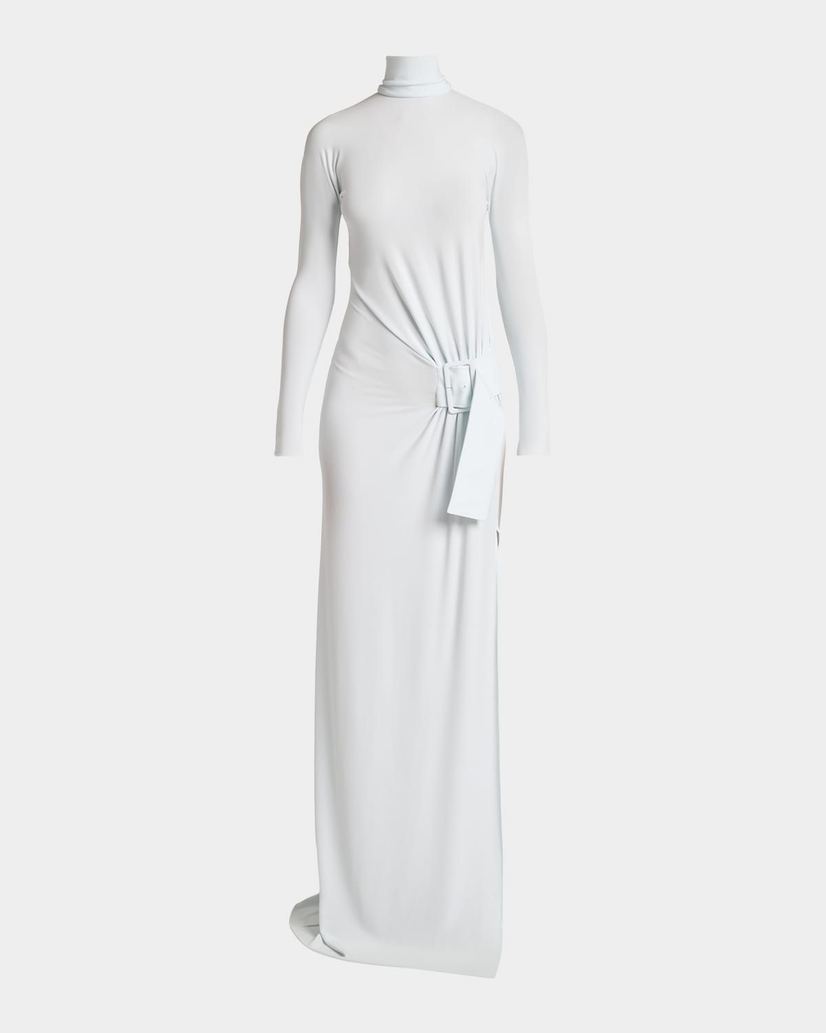 Turtleneck Belted Crepe Jersey Maxi Dress
