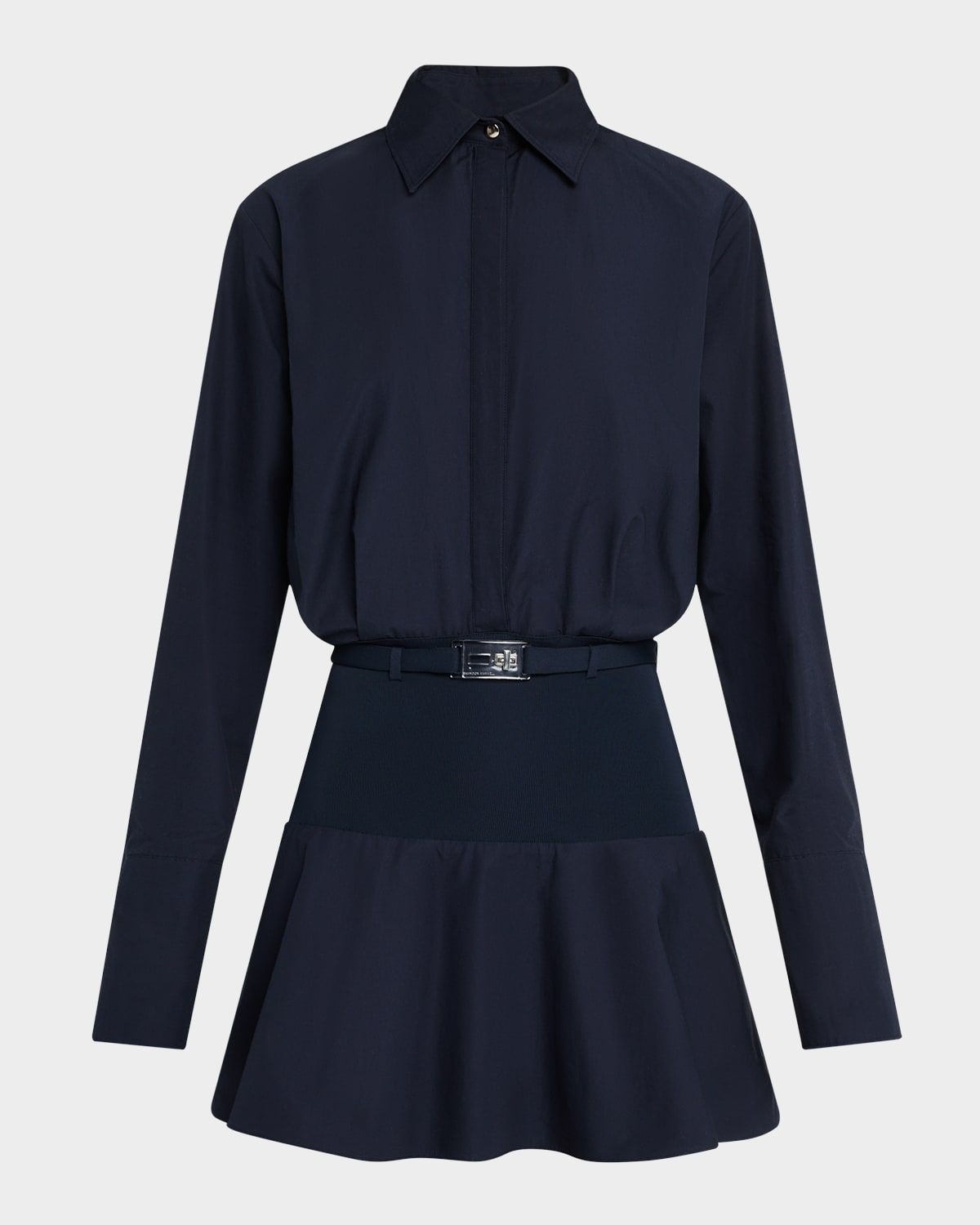 Irene Belted Knit-Yoke Mini Shirtdress