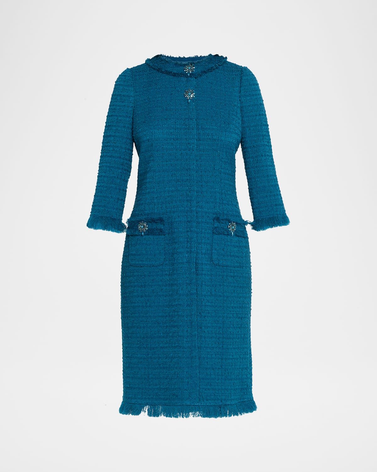 Fringe-Trim Stretch Boucle Dress
