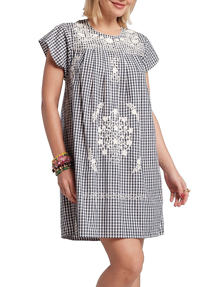 Women's Camila Floral-Embroidered Gingham Cotton Poplin Minidress - Navy Oyster - Size XL