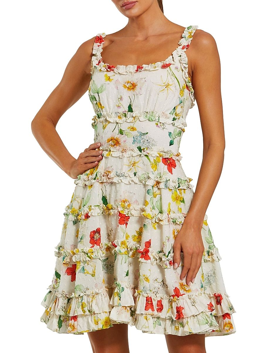 Women's Floral Ruffle Scoopneck Minidress - Ivory Multi - Size 12