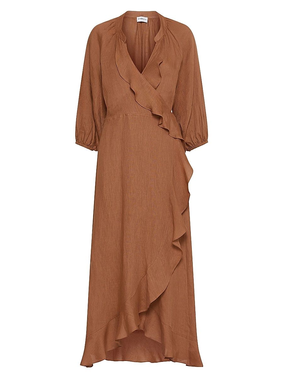 Women's Linen Midi Wrap Dress - Tobacco Brown - Size 12
