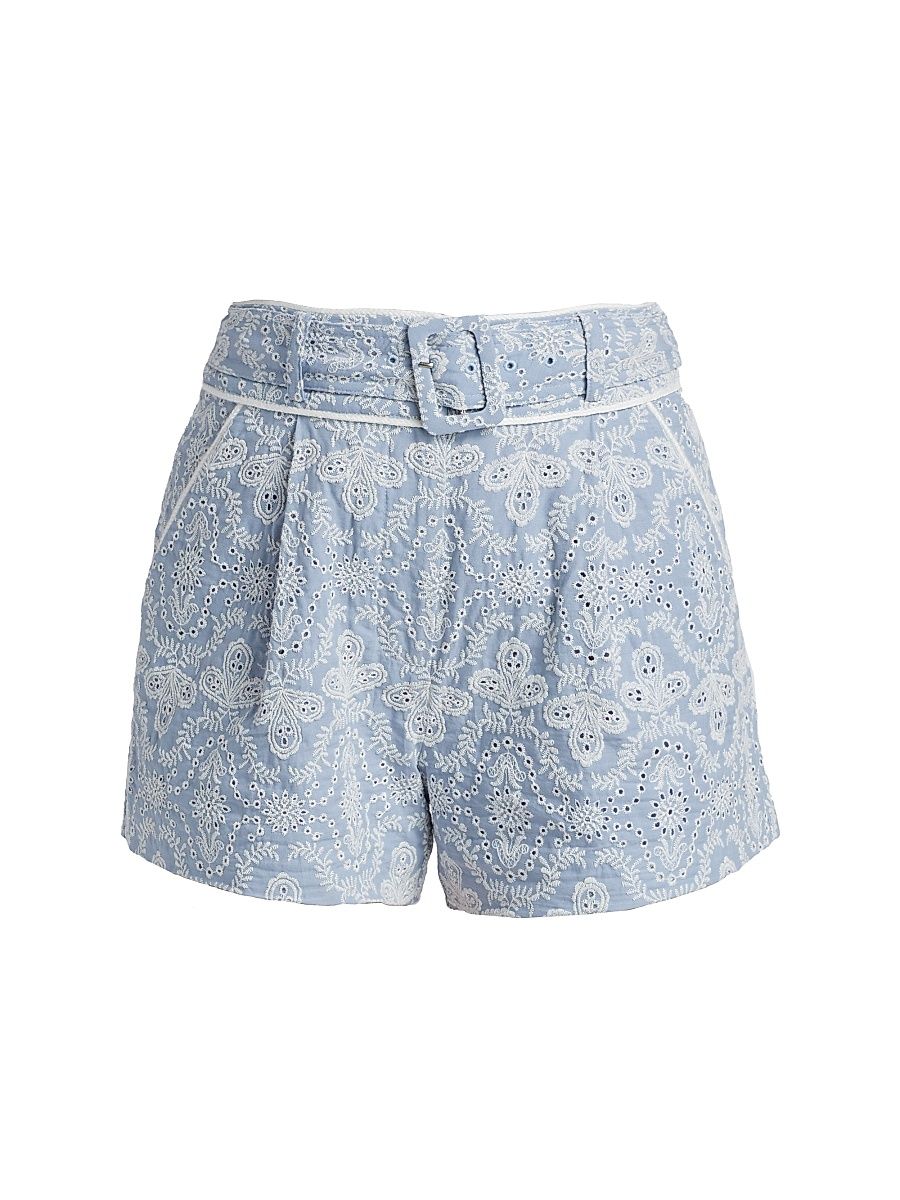 Women's Hobbes Cotton Eyelet Belted Shorts - Blue Ecru - Size 16