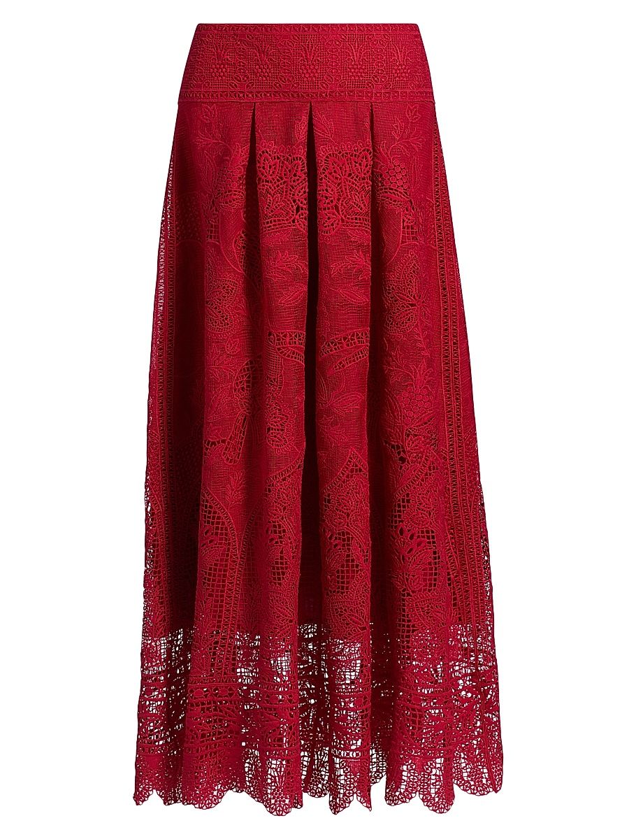 Women's Boho Garden Guipure Lace Midi-Skirt - Red - Size Small