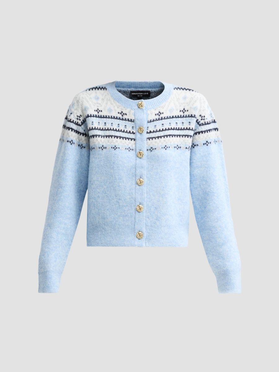 Generation Love Women's Hilda Fair Isle Cardigan - Light Blue Multi - Size XL
