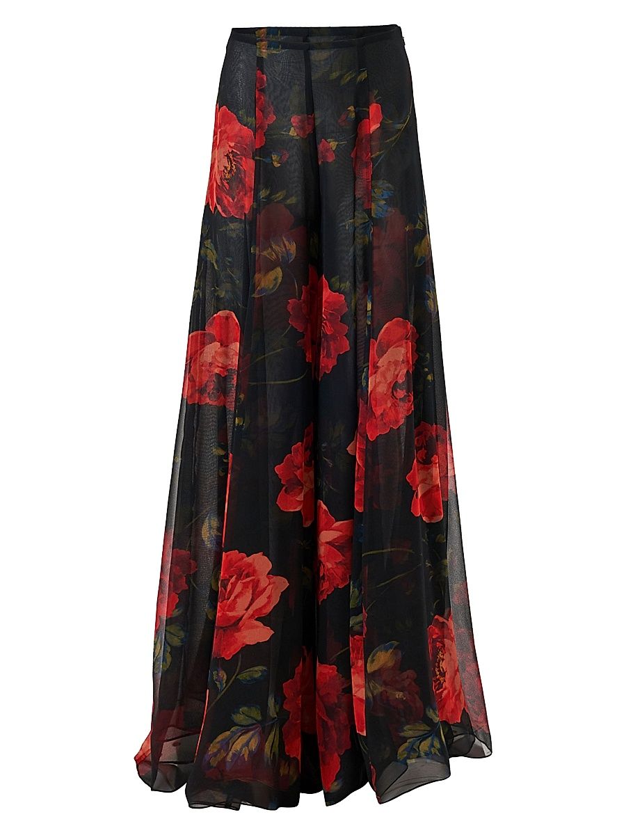 Women's Iris Rose-Print Silk Chiffon Pants - Black Multi - Size 16