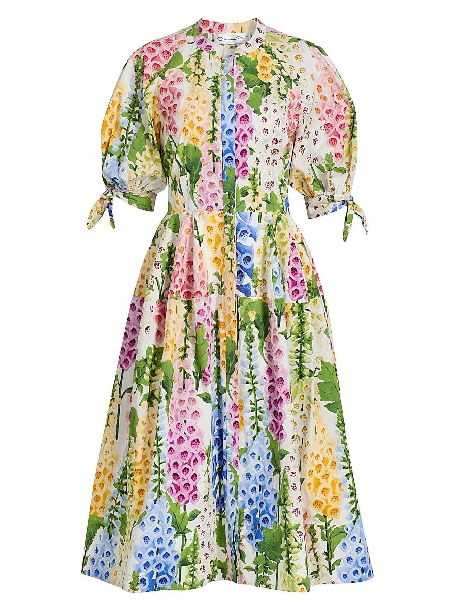 Women's Floral Stretch-Cotton Poplin Midi-Dress - White Multi - Size 14