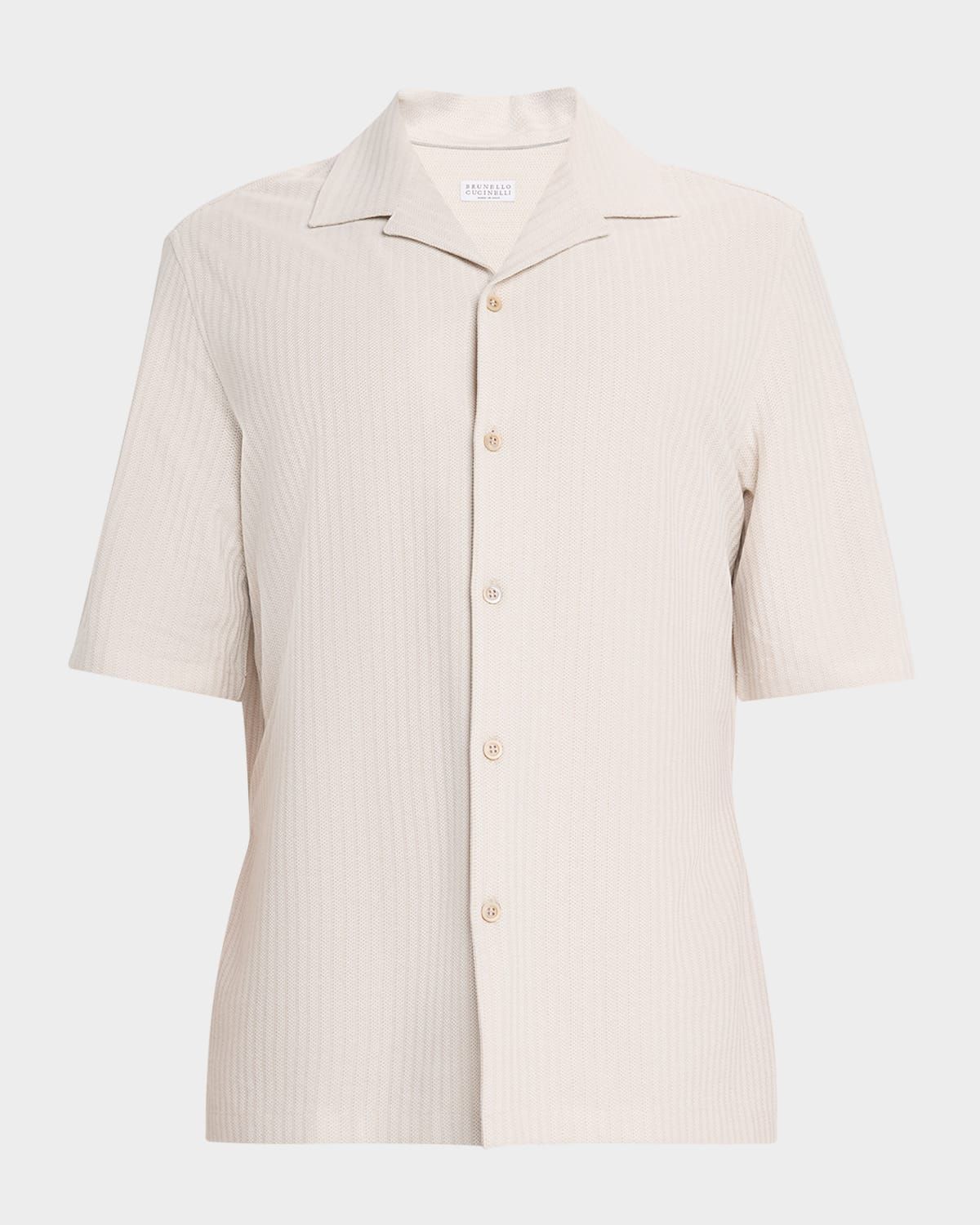 Men & apos;s Cotton and Silk Textured Stripe Camp Shirt