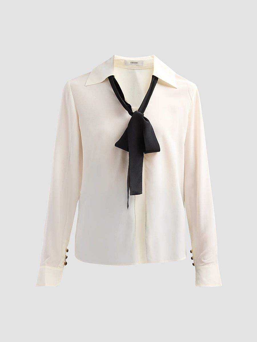 Women's Contrast Tie Silk Shirt - Cream - Size XL