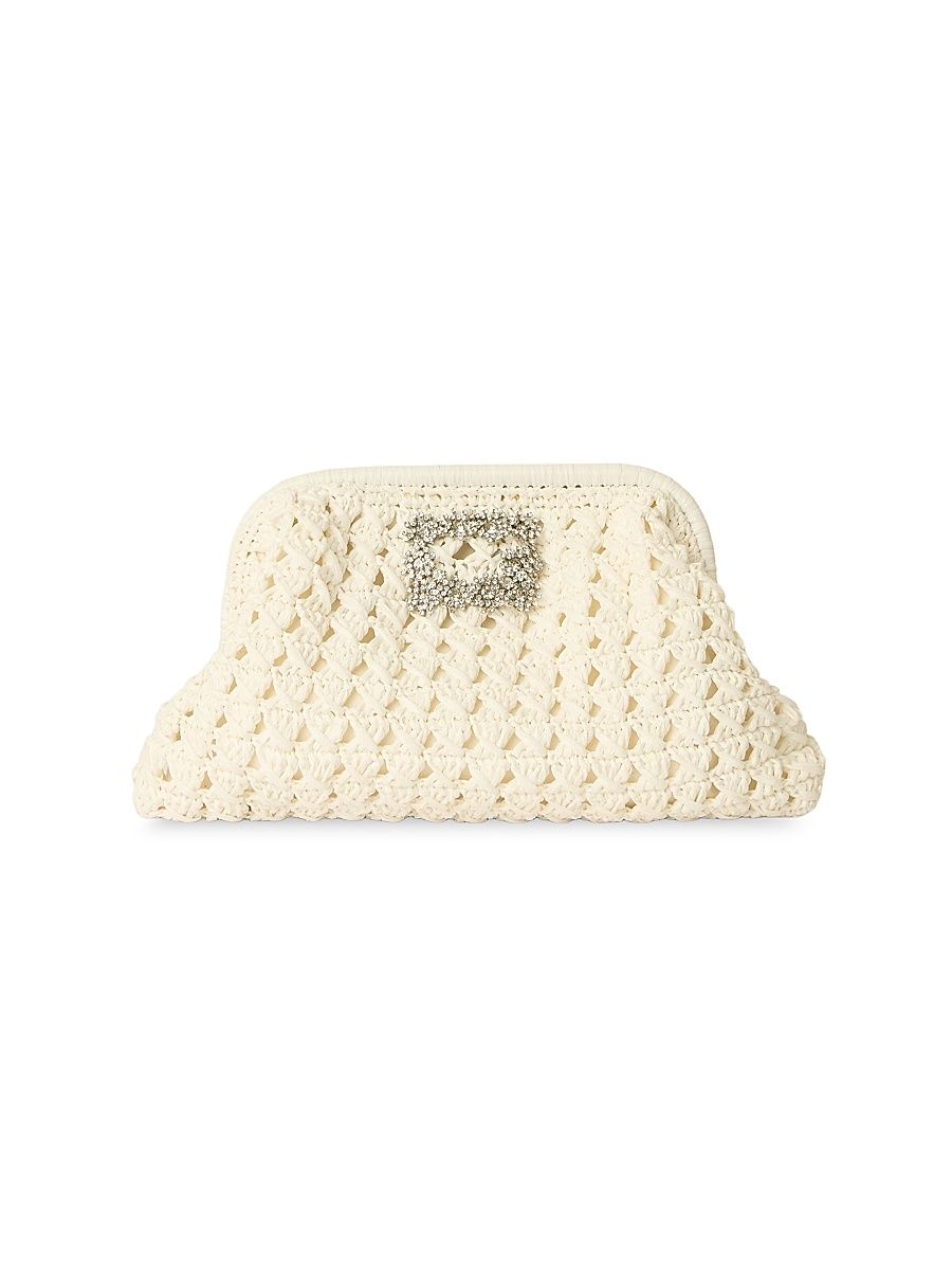 Women's Crystal-Embellished Raffia Clutch - White