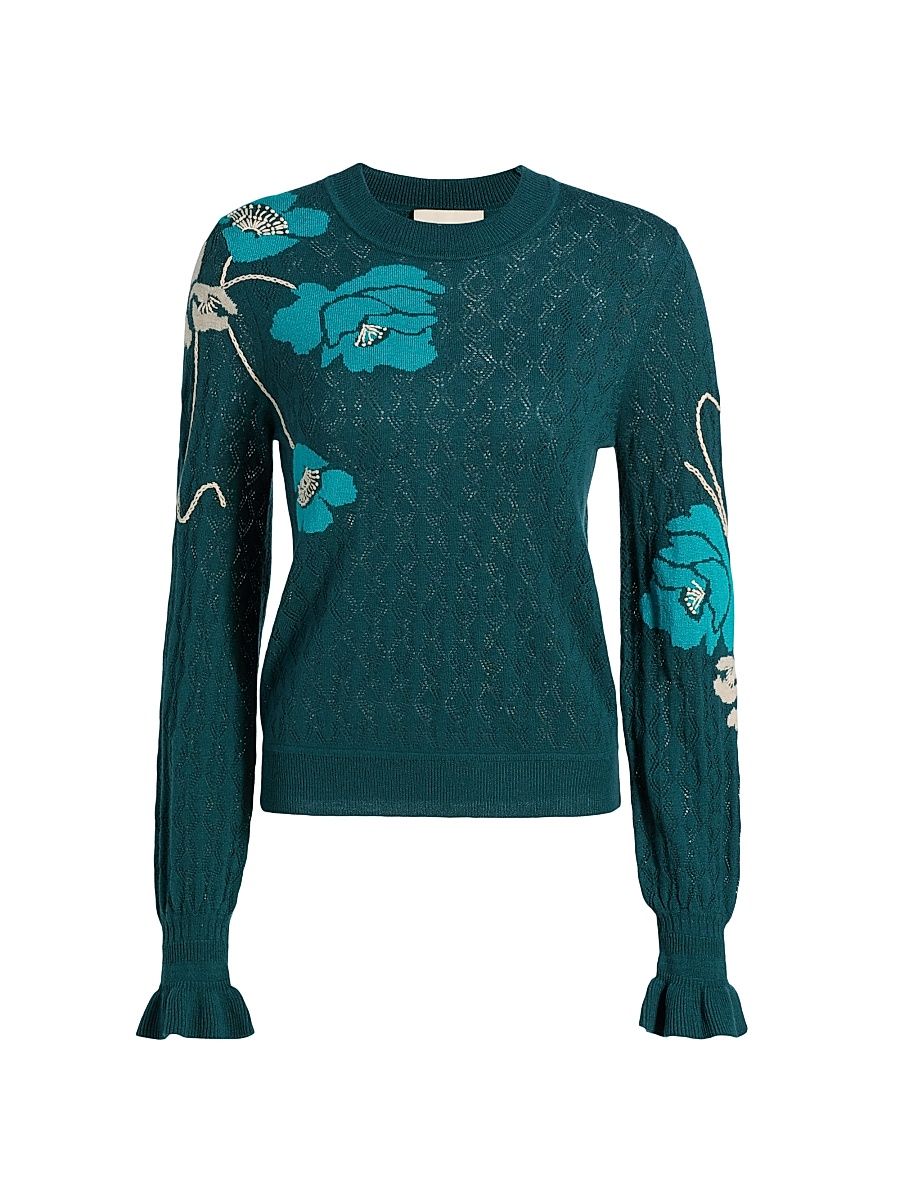 Women's Patricia Floral Pointelle Sweater - Blooming Floral Peacock Blue - Size XL