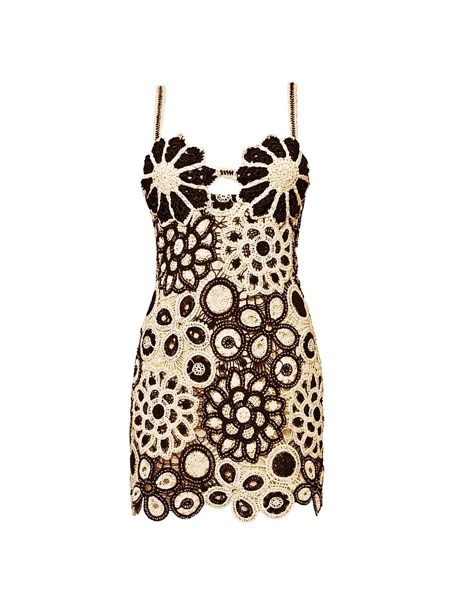 Women's Coral Floral Cotton Crochet Minidress - Black White - Size 8