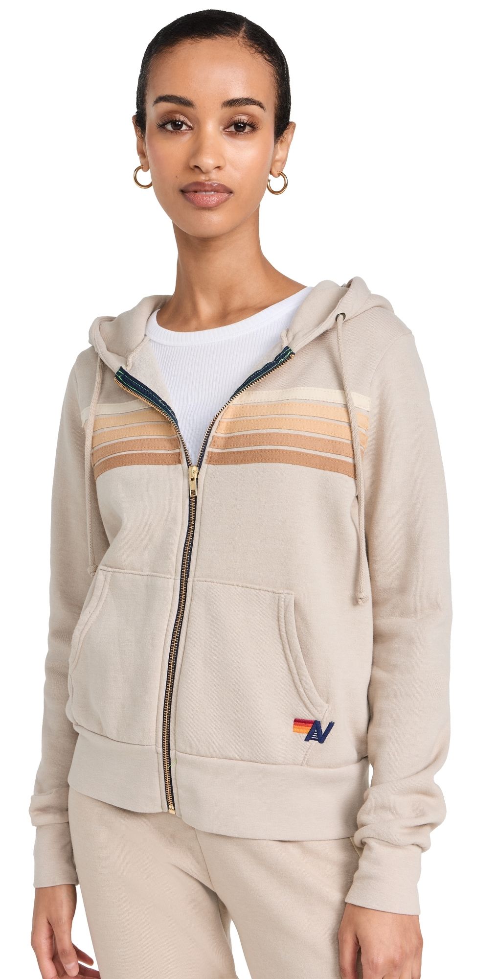 Aviator Nation 5 Stripe Zip Hoodie Sand/Tan XS