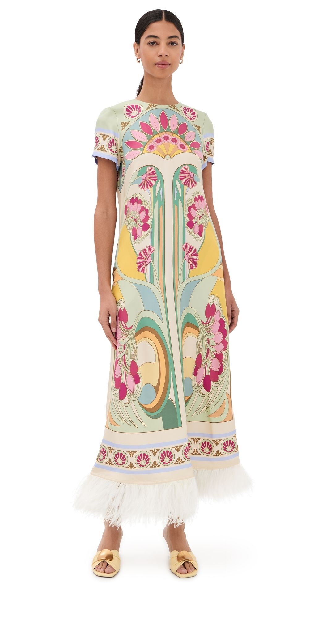 La DoubleJ Silk Swing Dress with Feathers Tulip Placee M