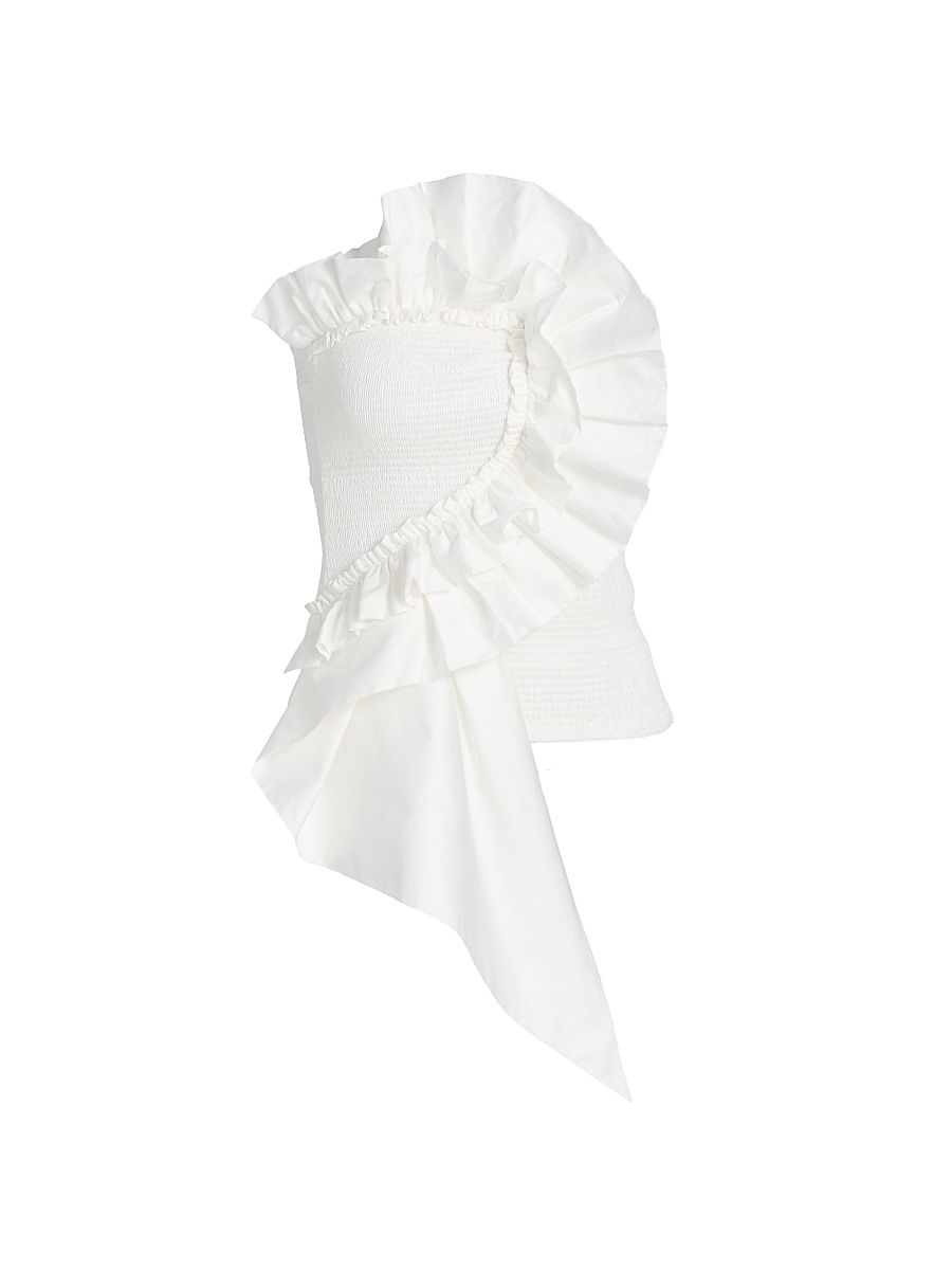 Women's Smocked Ruffled Cotton Strapless Top - White - Size XL