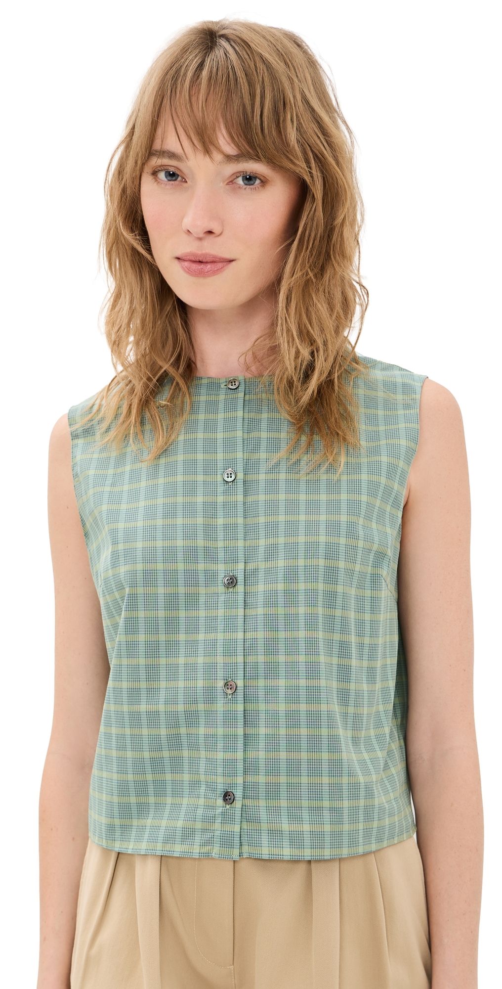 Theory Plaid Button Down Tank Top Green Multi - V52 XL