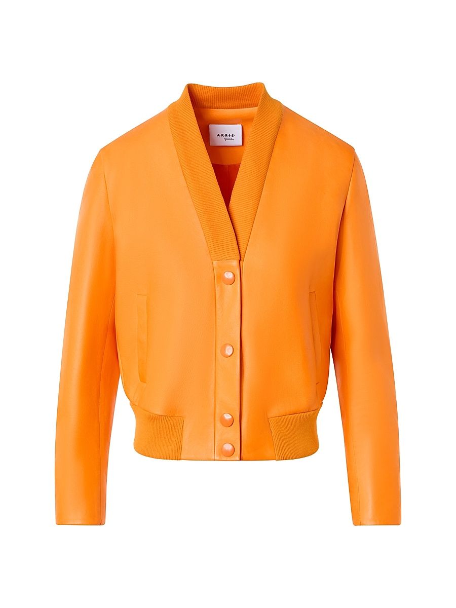 Women's Crinkled Leather V-Neck Bomber Jacket - Orange - Size 14