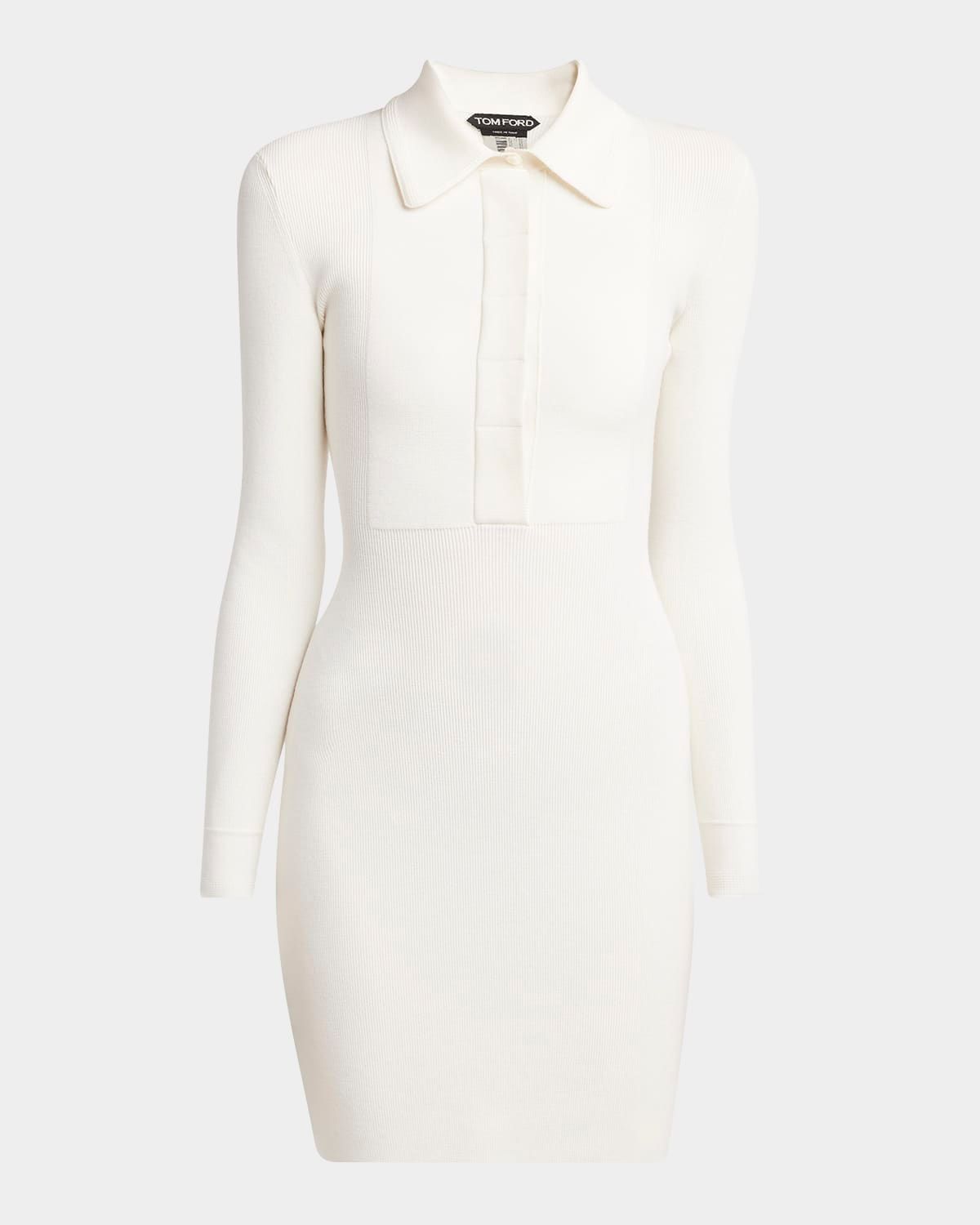 Long-Sleeve Fine Stretch Rib Mini Polo Dress