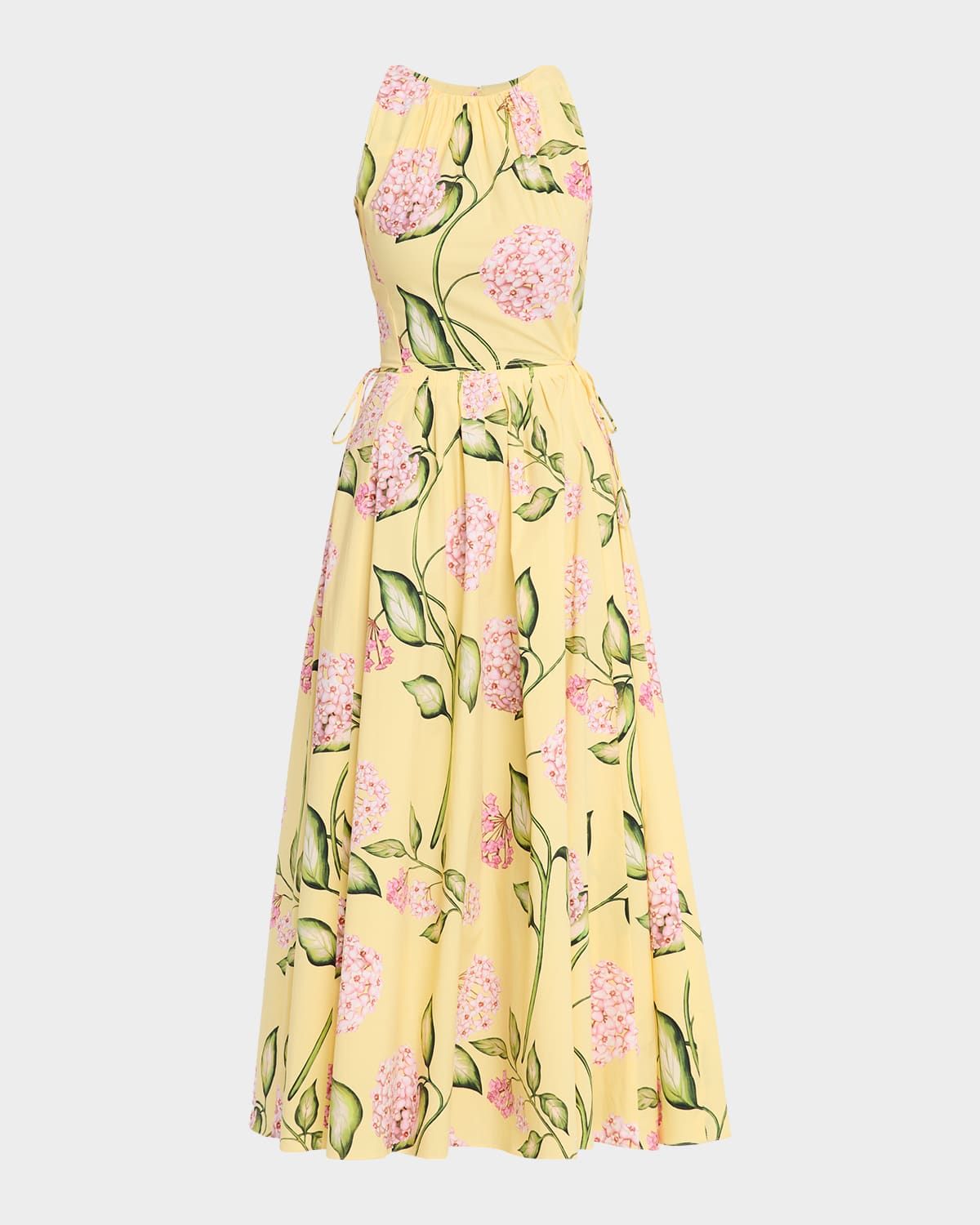 Sleeveless Porcelain Flower Waist-Tie Midi Dress
