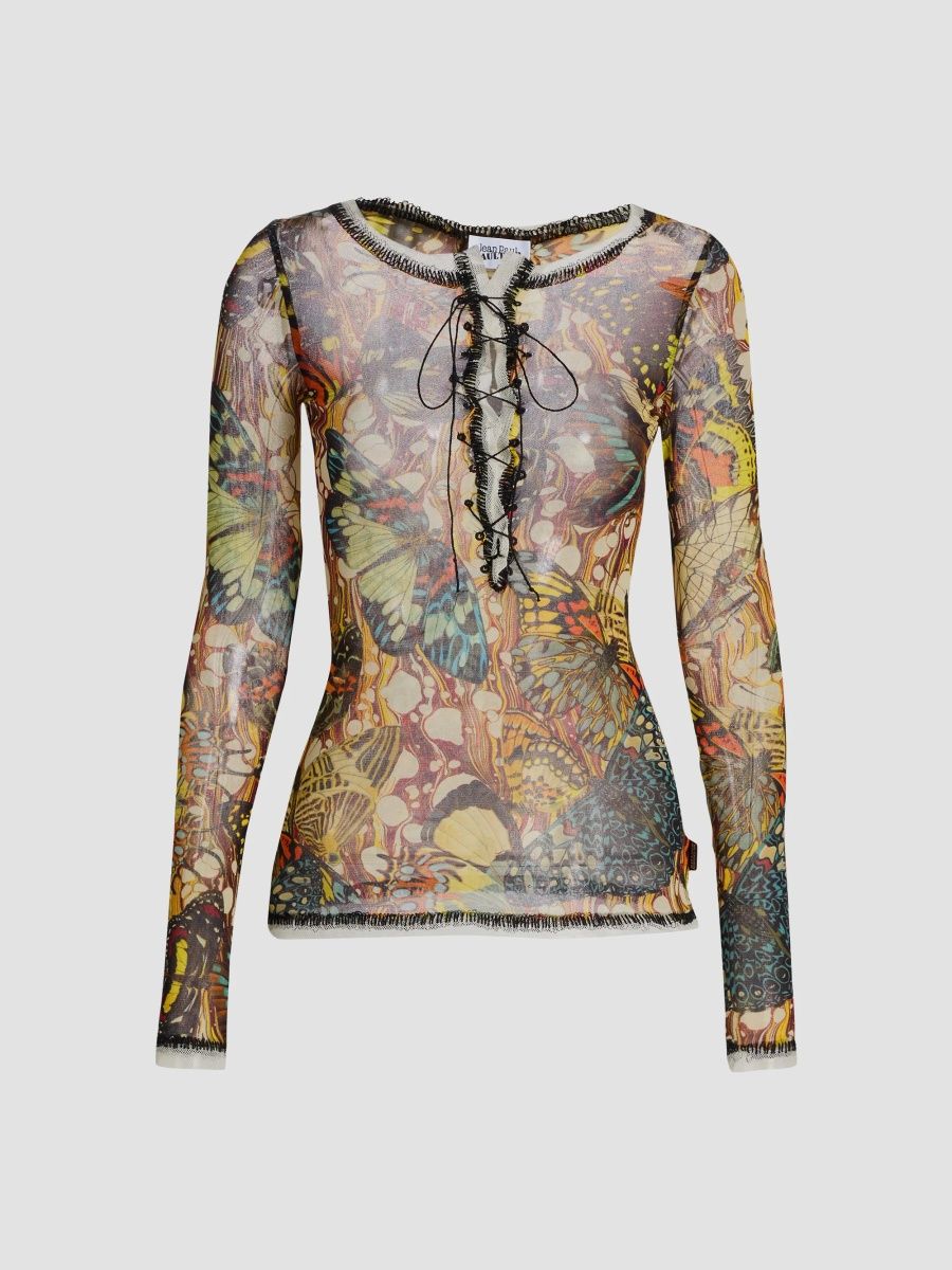 Jean Paul Gaultier Women's Butterfly-Print Long-Sleeve Mesh Top - Yellow Multicolor - Size XS