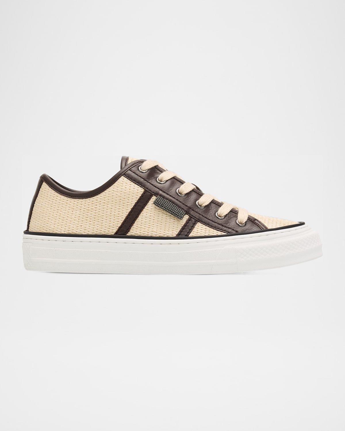 Techno Raffia & Leather Low-Top Sneakers