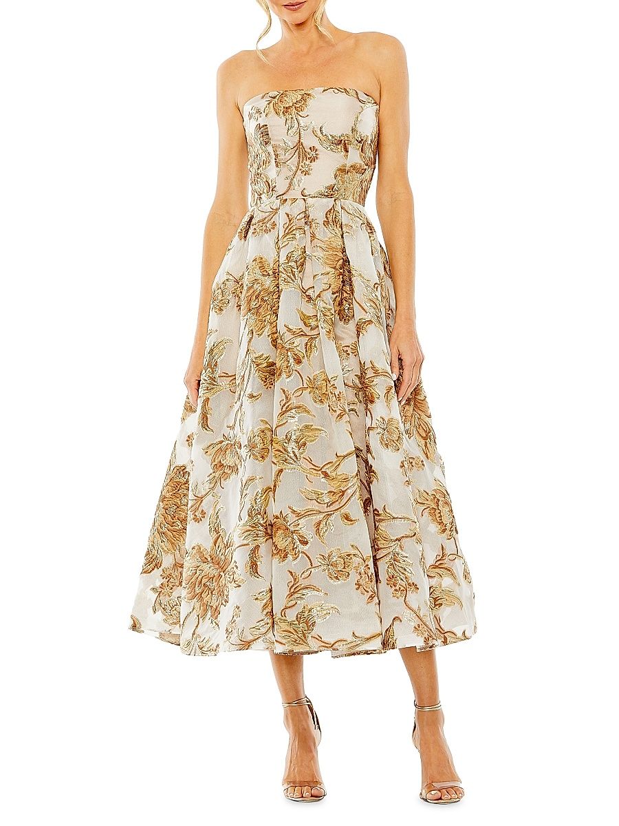 Women's Strapless Brocade Midi-Dress - Bronze - Size 16