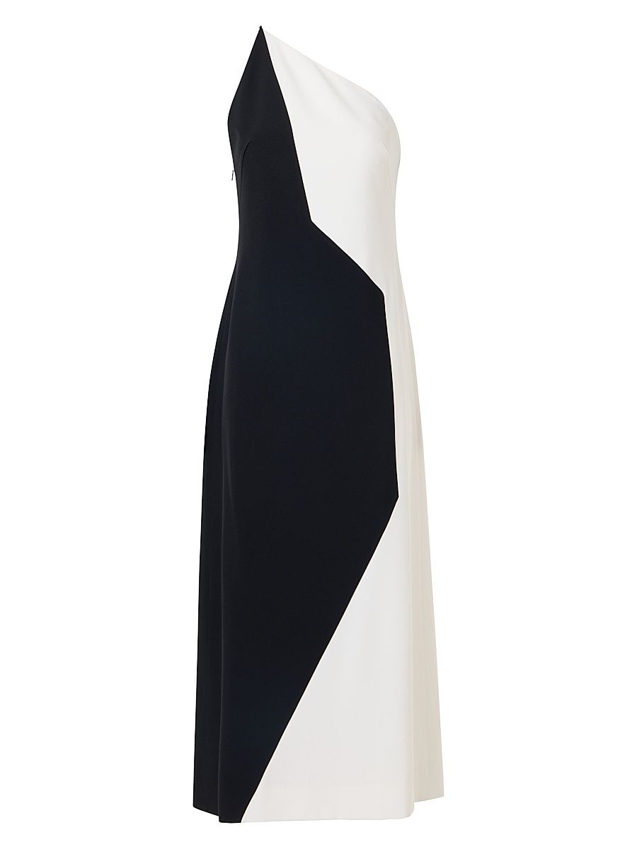 Women's Colorblocked One-Shoulder Midi-Dress - Black Ecru - Size 10