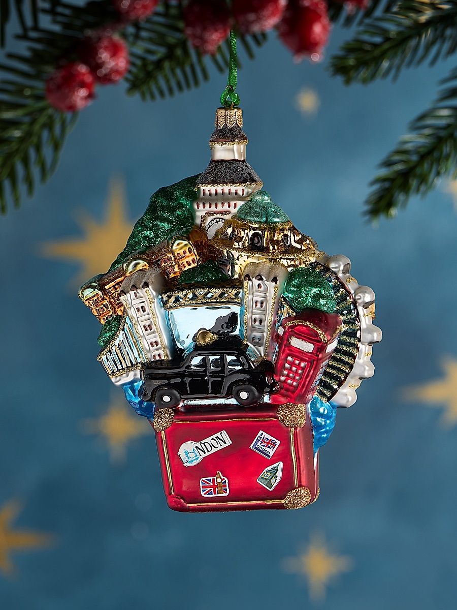English Suitcase Glass Ornament