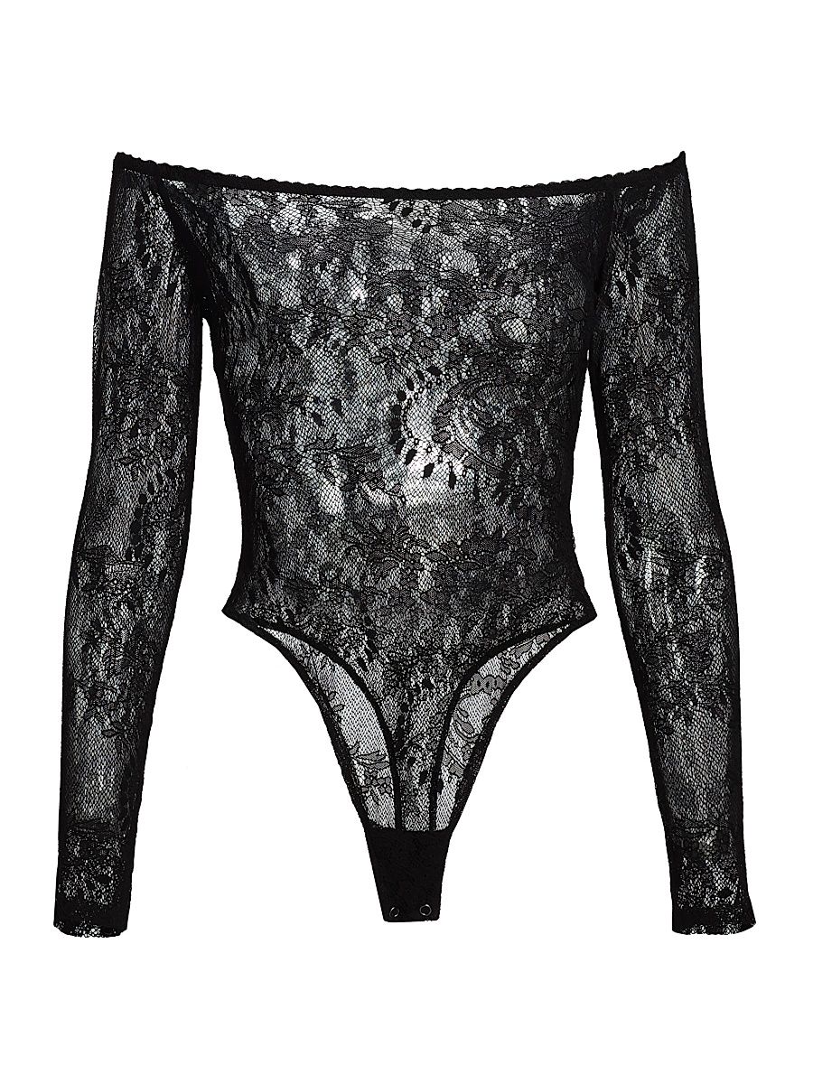 Women's Peonie Lace Off-The-Shoulder Bodysuit - Black - Size Large