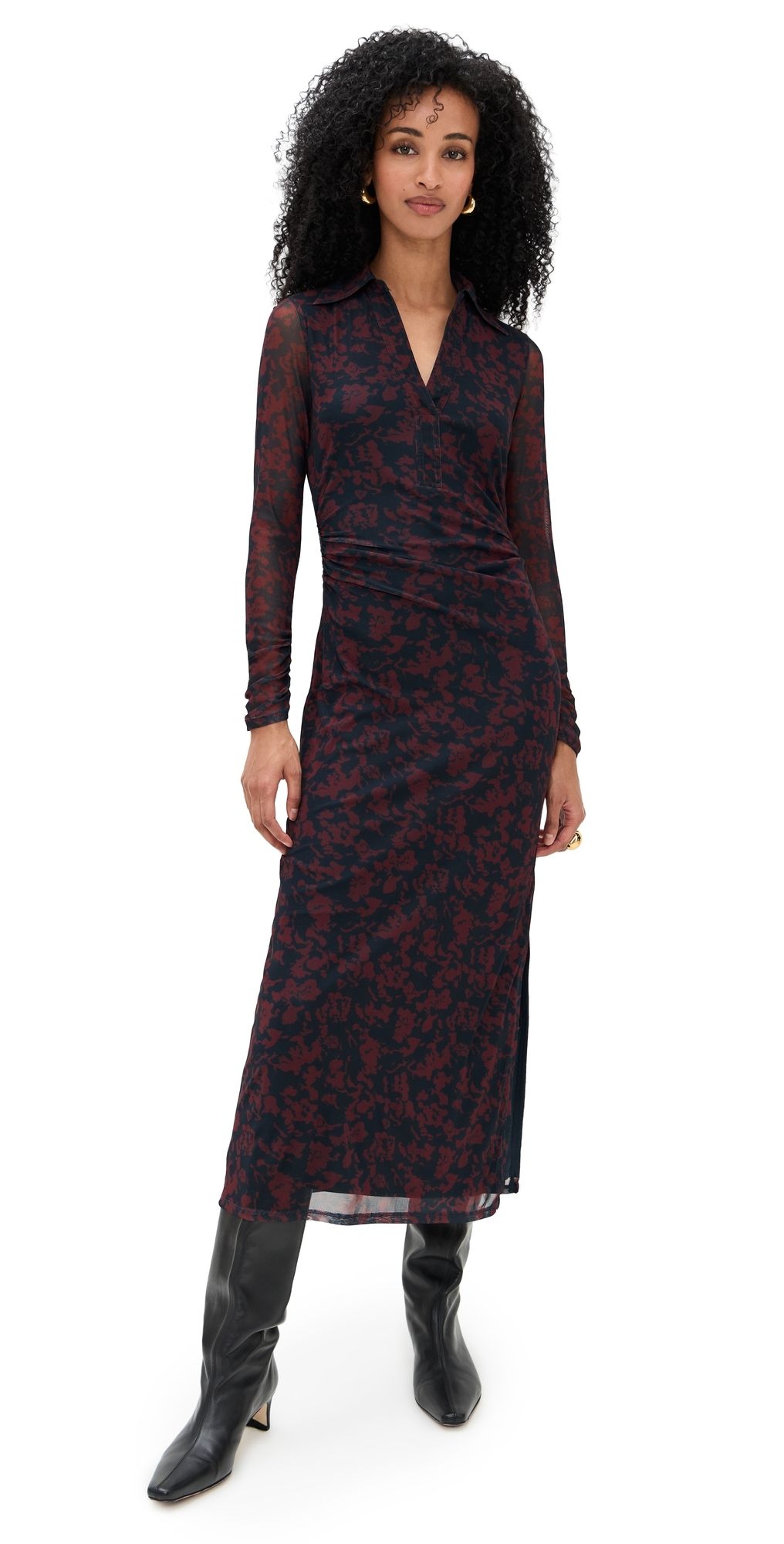 Madewell Long Sleeve Polo Midi Dress Abstract Flora Dark Navy XXS