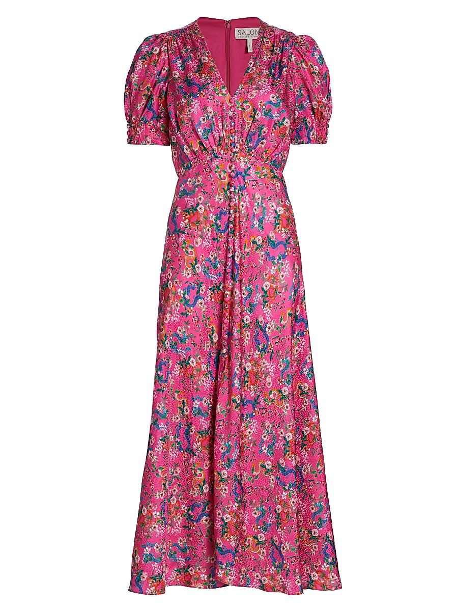 Women's Lea Floral Silk Satin Midi-Dress - Rani Hidden Dragon - Size 6