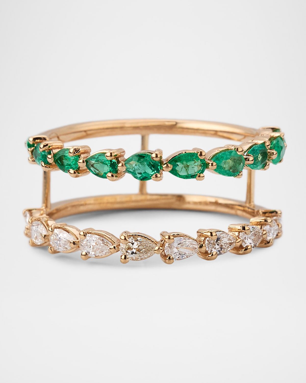 Green Emerald and Pear Diamond Double Band Ring