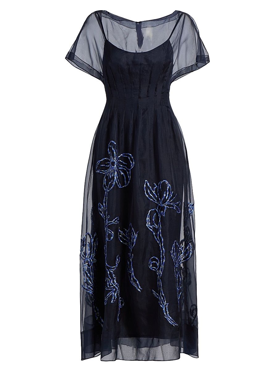 Women's Floral-Embroidered Organza Cocktail Dress - Navy Blue - Size 16