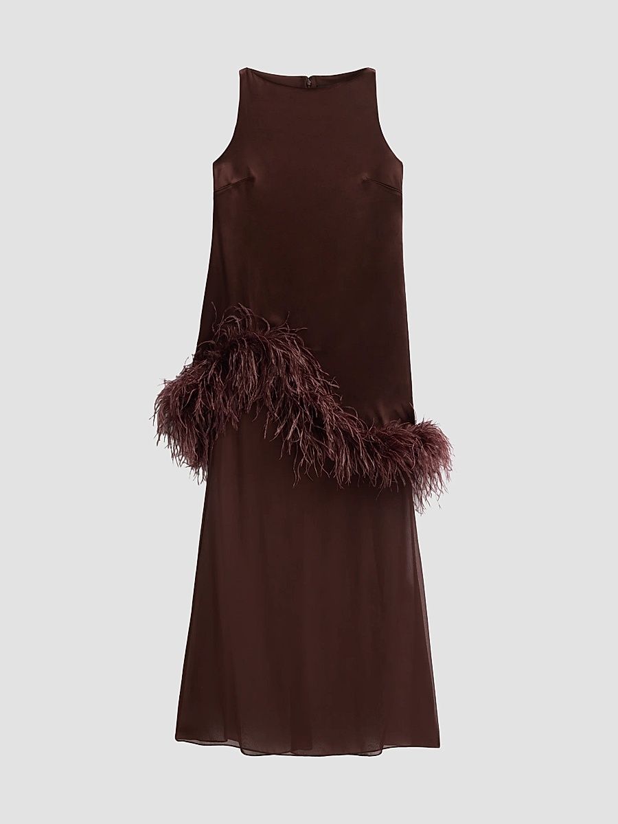 Women's Satin Feather-Trim Sleeveless Shift Dress - Chocolate - Size 0