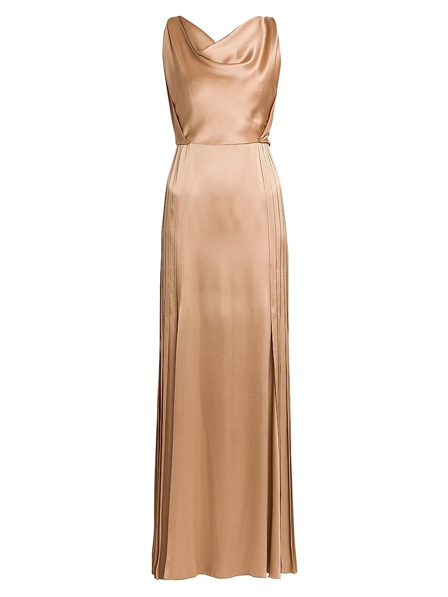 Women's Pleated Satin Cowlneck Gown - Beige - Size 2