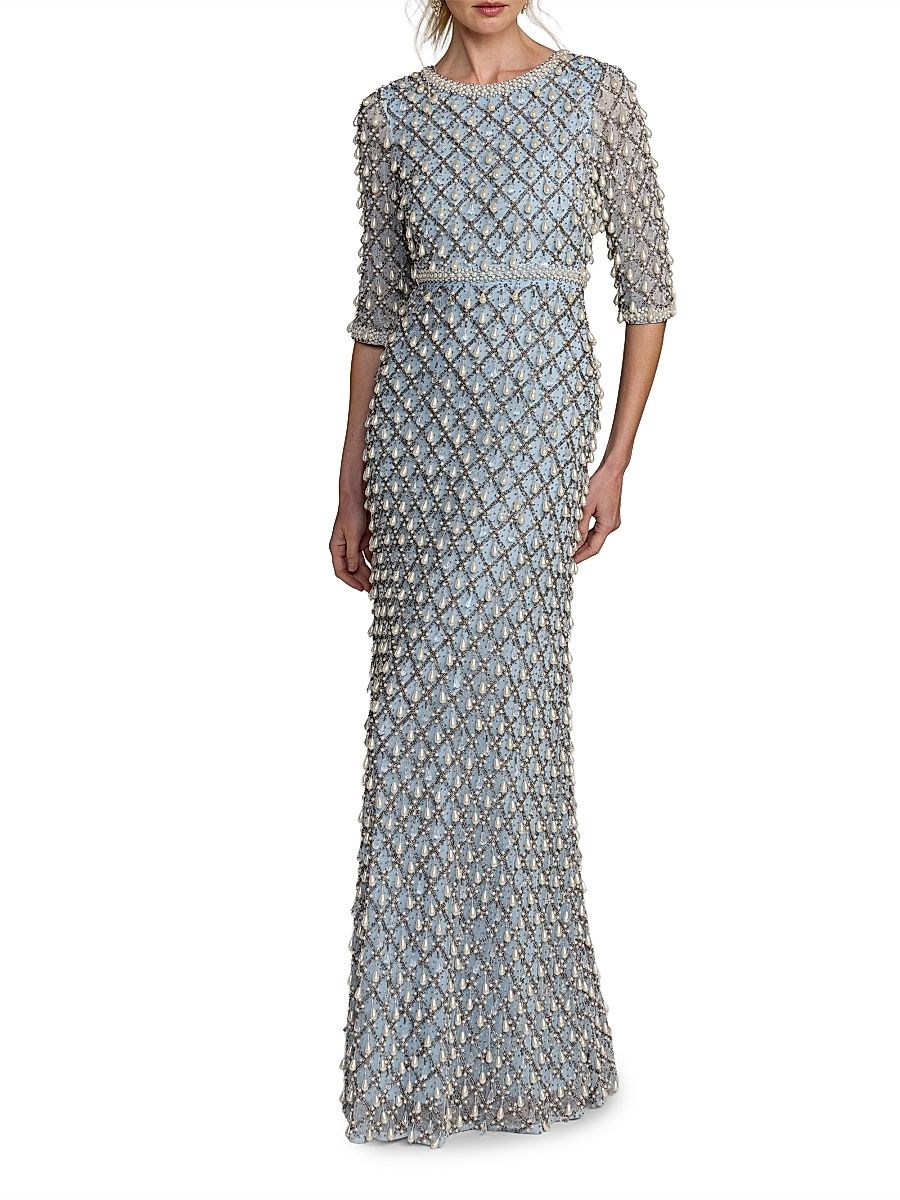 Women's Evening Pearl Embellished Mesh Gown - Vintage Blue - Size 20