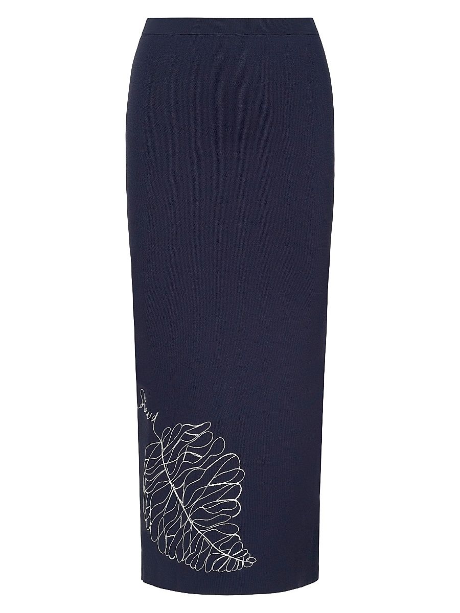 Women's Karina Embroidered Leaf Pencil Skirt - Navy White - Size Small