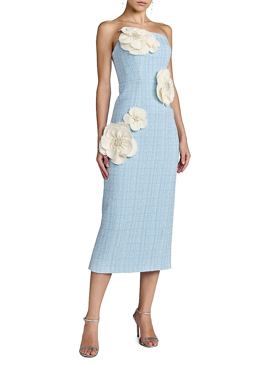 Women's Floral Appliqué Bouclé Strapless Midi-Dress - Powder Blue Multi - Size 0