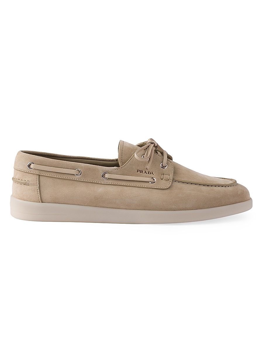 Prada Men's Suede Boat Shoes with Laces - Beige Khaki - Size 5