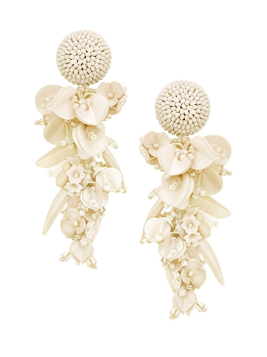 Women's Glass Beaded Flower Clip-On Drop Earrings - White