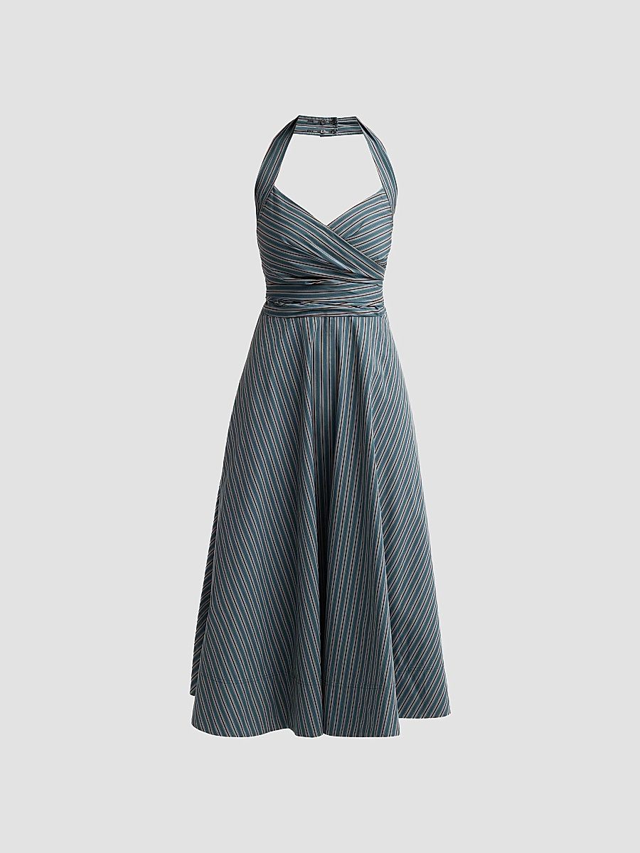 Women's Magnolia Striped Cotton A-Line Midi Dress - Carbon Blue Multi - Size 0