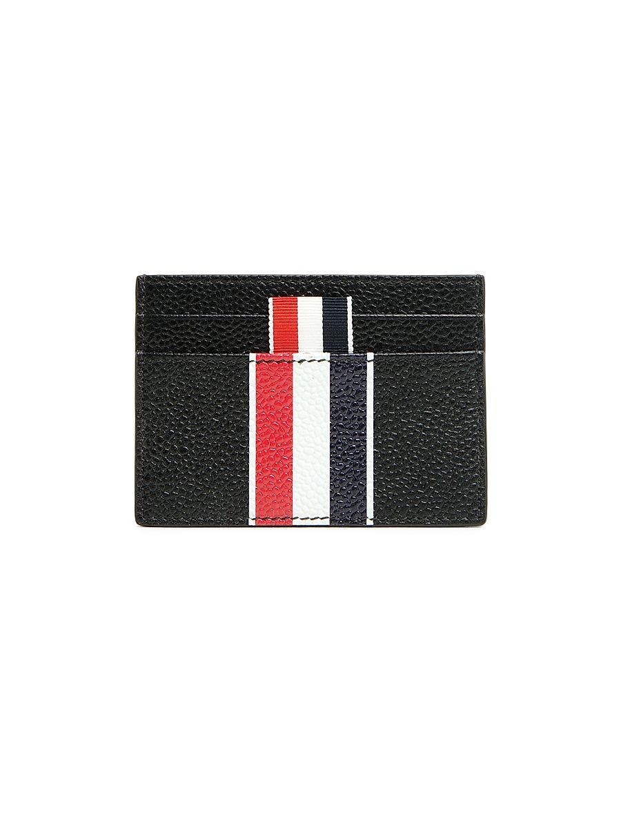Men's Double-Sided Tricolor-Striped Leather Card Case - Black