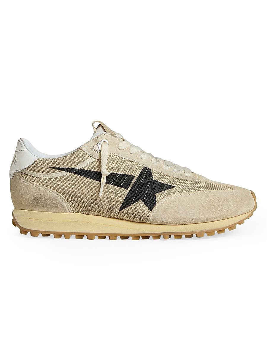 Men's Marathon Mesh & Suede Low-Top Running Sneakers - Beige Black - Size 14