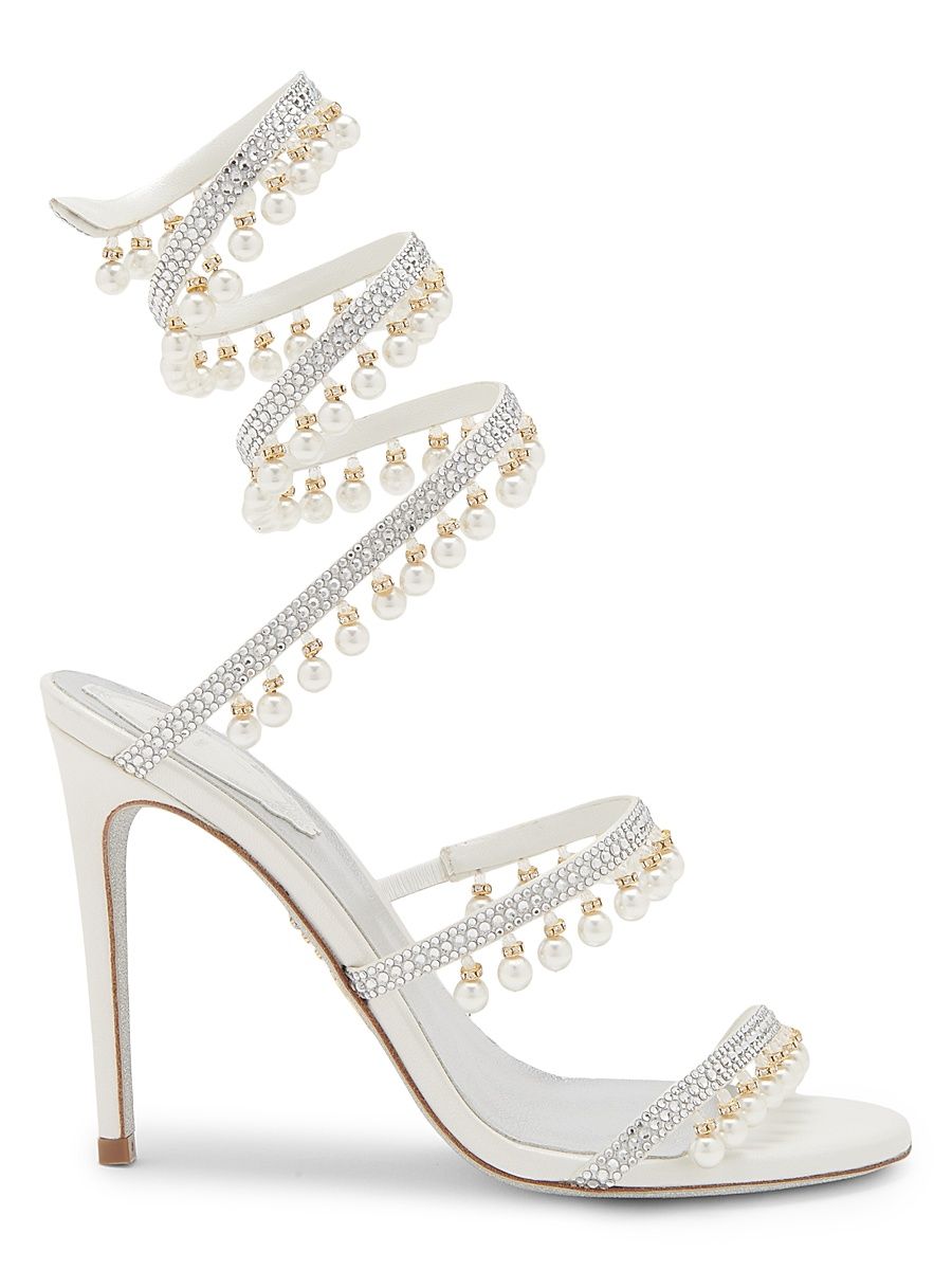 Women's 105MM Chandelier Imitation Pearl Satin Sandals - Ivory Crystal - Size 6