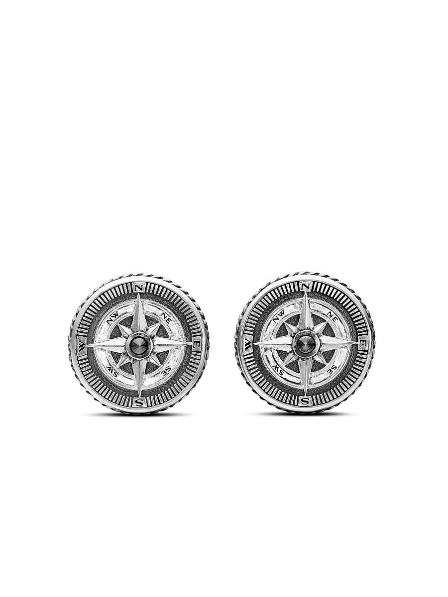 Men's Maritime Compass Cufflinks with Center Black Diamond - Black