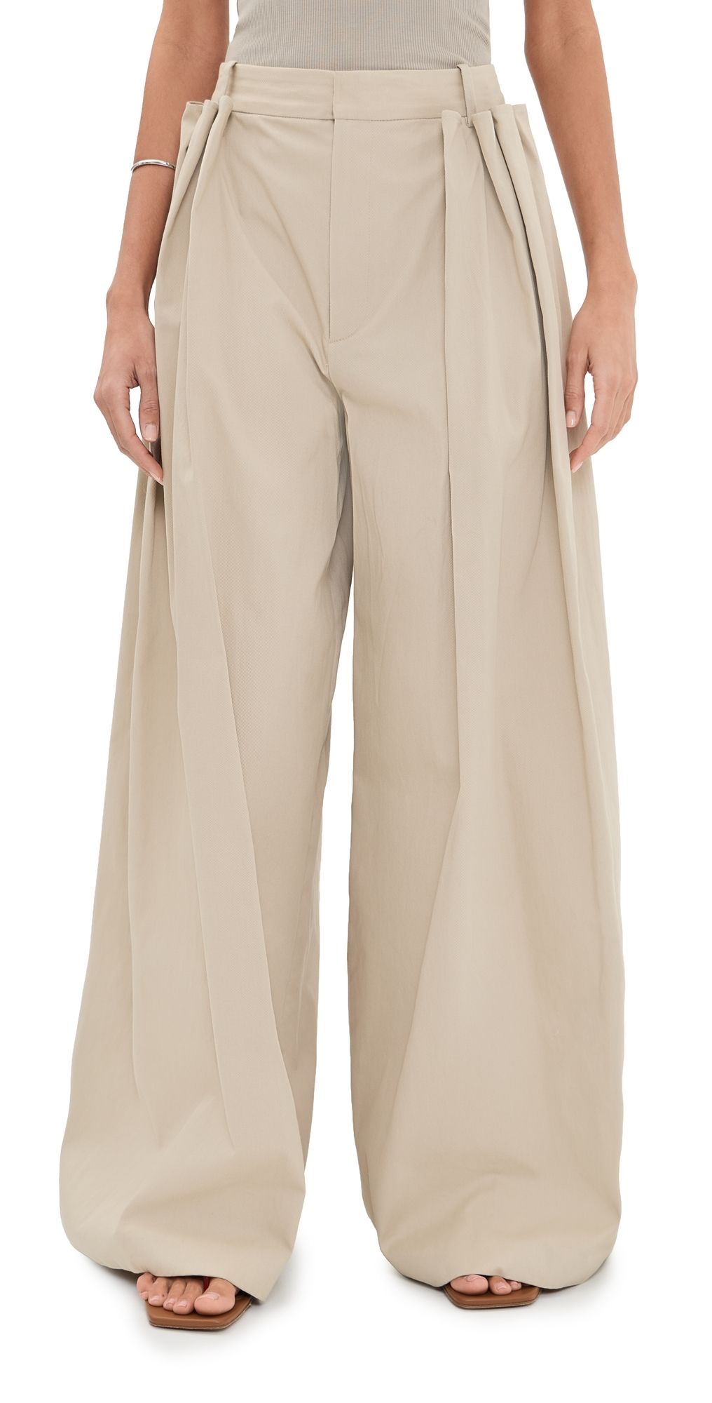 Tibi Luxe Twill Tucked Pleated Trousers Taupe 4